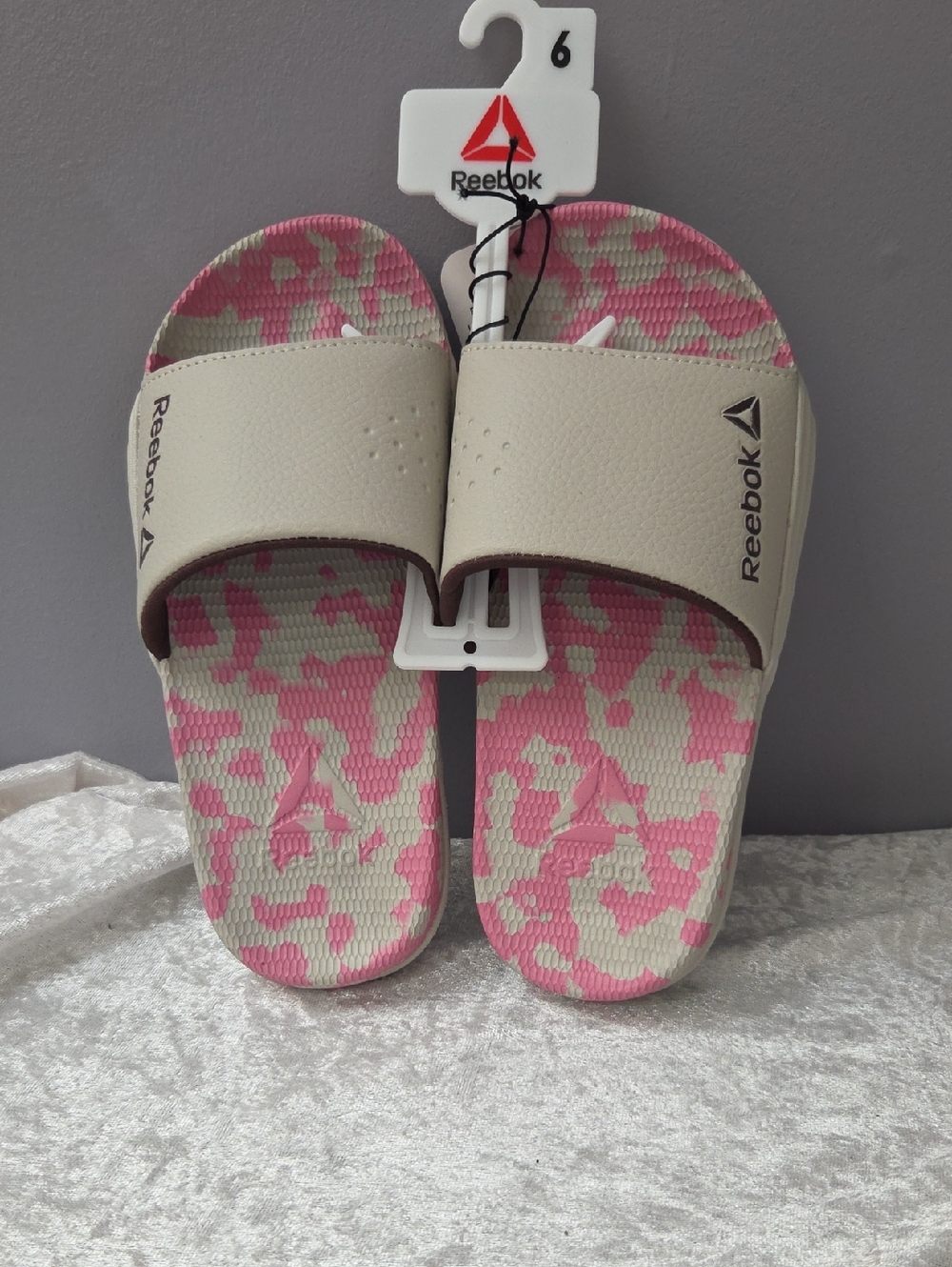 Reebok Beige Slide Sandals with Pink Camo Footbed